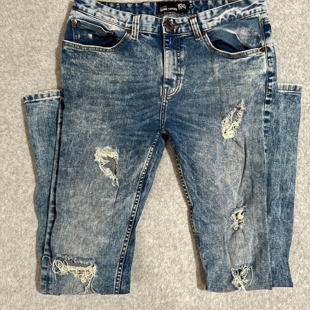 RSQ Seattle Acid Wash Skinny Distressed Jeans 34W x 34L Indie Rock Marble Denim